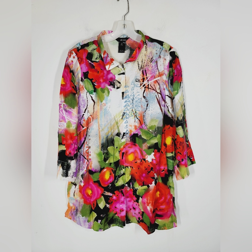 Ali Miles Floral Wire Neck 3/4 Cuff Sleeve Top, Size Medium - Picture 2 of 5